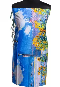 Esarfa vascoza cu fir din lurex, imprimata cu un peisaj marin cu far imagine