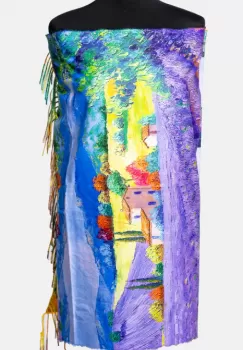 Esarfa vascoza cu fir din lurex, imprimata dupa reproducerea unui tablou cu campuri de lavanda imagine