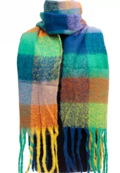 Fular cu imprimeu patrate colorate in nunate de turcoaz, albastru si galben imagine