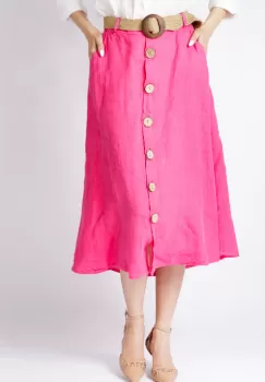 Fusta A-line din in, cu nasturi si o curea fancy, fucsia imagine