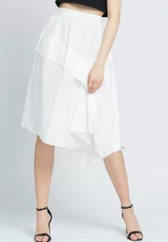 Fusta alba, eleganta, din bumbac satinat cu volan aplicat imagine