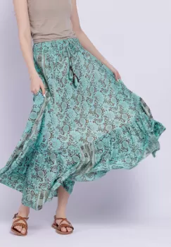 Fusta ampla cu doua volane din matase indiana cu flori turcoaz pe fond maro imagine
