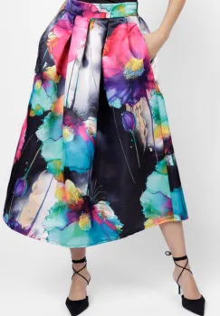 Fusta ampla maxi satinata cu imprimeu floral pictural, pe fond negru imagine