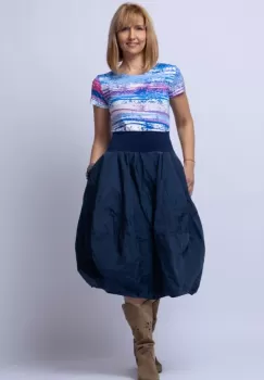 Fusta bleumarin midi, tip lalea, din tafta cu fir metalic imagine