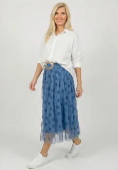 Fusta clos din tulle, bleu cu buline albastru inchis imagine