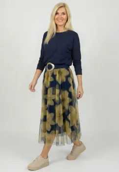 Fusta clos din tulle, bleumarin cu flori mari galbene imagine