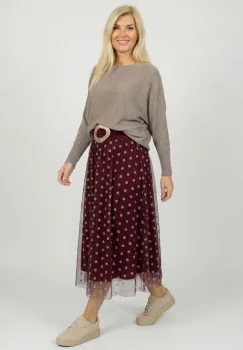 Fusta clos din tulle, bordo cu buline bej imagine