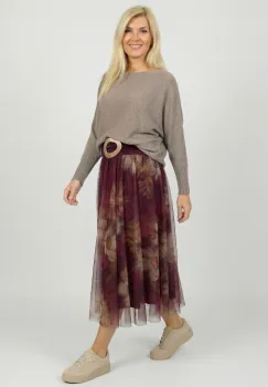 Fusta clos din tulle cu imprimeu floral in nuante de bordo imagine