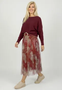 Fusta clos din tulle cu imprimeu floral in nuante de bordo si roz imagine