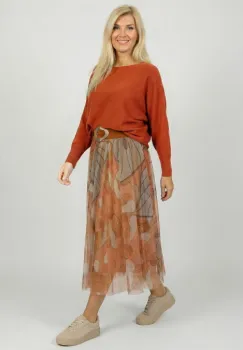 Fusta clos din tulle cu imprimeu floral in nuante de portocaliu si caramiziu imagine