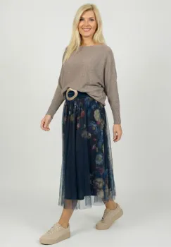 Fusta clos din tulle cu imprimeu lateral floral in nuante de bleumarin imagine