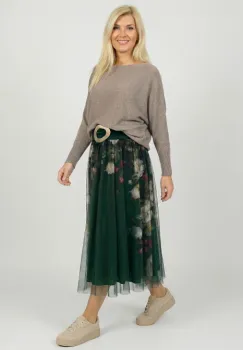 Fusta clos din tulle cu imprimeu lateral floral in nuante de verde inchis imagine