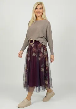 Fusta clos din tulle cu imprimeu lateral floral in nuante de visiniu imagine