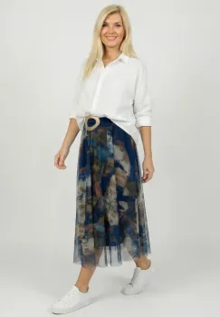 Fusta clos din tulle cu imprimeu pictural multicolor pe fond bleumarin imagine