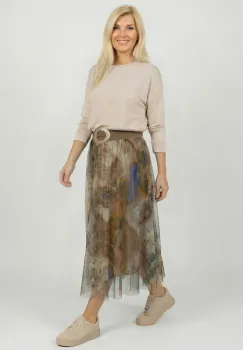 Fusta clos din tulle cu imprimeu pictural pastelat pe fond camel imagine