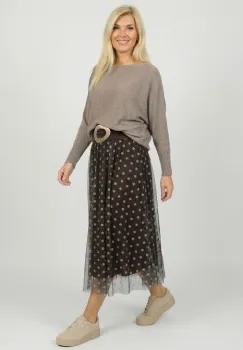 Fusta clos din tulle, maro cu buline bej imagine