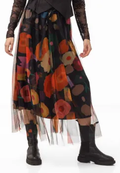 Fusta clos din tulle, neagra cu flori stilizate multicolore imagine