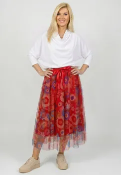 Fusta clos din tulle, rosie cu flori stilizate multicolore imagine