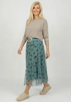 Fusta clos din tulle, turcoaz pastel cu buline maro deschis imagine