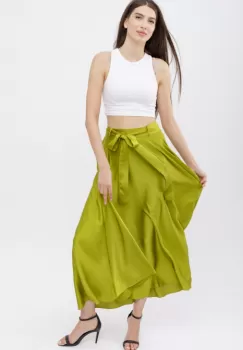 Fusta clos verde oliv din satin, cu elastic si cordon in talie imagine