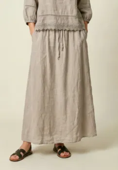 Fusta de vara din in lunga, croi  A-line  cu talie elastica si snur reglabil, bej imagine