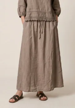 Fusta de vara din in lunga, croi  A-line  cu talie elastica si snur reglabil, bej inchis imagine