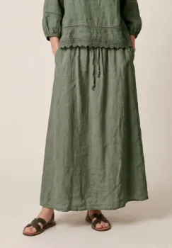Fusta de vara din in lunga, croi  A-line  cu talie elastica si snur reglabil, kaki imagine