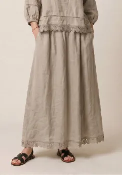 Fusta din in lunga, croi amplu lejer, cu dantela , stil boem rafinat, bej imagine