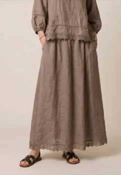 Fusta din in lunga, croi amplu lejer, cu dantela , stil boem rafinat, bej inchis imagine