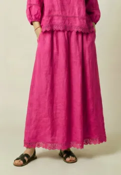 Fusta din in lunga, croi amplu lejer, cu dantela , stil boem rafinat, fucsia imagine