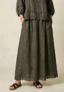 Fusta din in lunga, croi amplu lejer, cu dantela , stil boem rafinat, gri inchis imagine