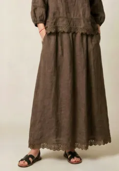 Fusta din in lunga, croi amplu lejer, cu dantela , stil boem rafinat, maro imagine