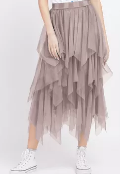 Fusta din tulle, in straturi inegale, lunga, bej inchis imagine