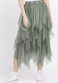 Fusta din tulle, in straturi inegale, lunga, kaki imagine