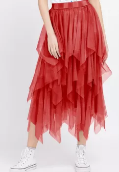 Fusta din tulle, in straturi inegale, lunga, rosie imagine