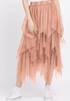 Fusta din tulle, in straturi inegale, lunga, roz prafuit imagine