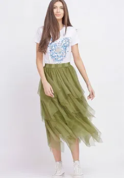 Fusta din tulle, in straturi inegale, lunga, verde oliv imagine