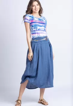 Fusta lunga albastru jeans cu poale prinse, din in, cu o curea fancy imagine