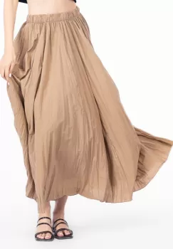Fusta lunga, ampla, clos, din bumbac creponat, camel imagine
