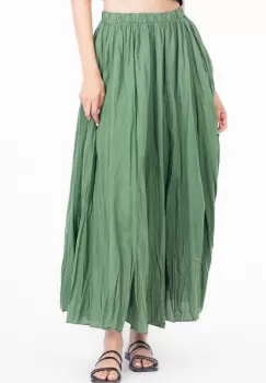 Fusta lunga, ampla, clos, din bumbac creponat, verde olive imagine