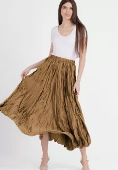 Fusta lunga, ampla, creponata, lucios-satinata, camel deschis imagine