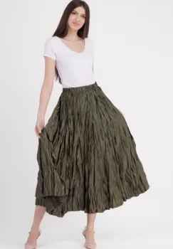 Fusta lunga, ampla, creponata, lucios-satinata, kaki imagine