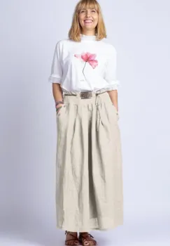 Fusta lunga casual, bej deschis din in, cu o curea fancy imagine