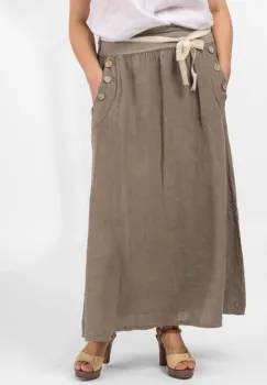 Fusta lunga casual bej inchis, din in, cu nasturi de lemn la buzunare imagine