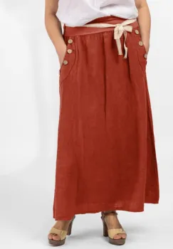 Fusta lunga casual caramizie, din in, cu nasturi de lemn la buzunare imagine