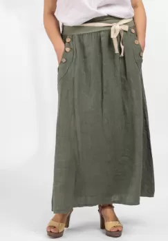 Fusta lunga casual, kaki, din in, cu nasturi de lemn la buzunare imagine