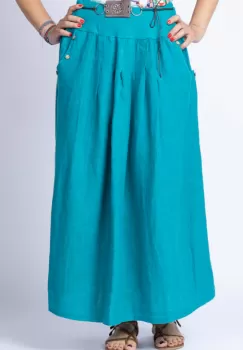 Fusta lunga casual, turcoaz, din in, cu o curea fancy imagine