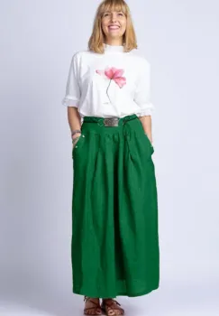 Fusta lunga casual, verde intens, din in, cu o curea fancy imagine