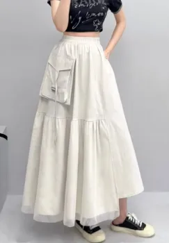 Fusta lunga cu insertie de tulle si buzunar aplicat, bej imagine