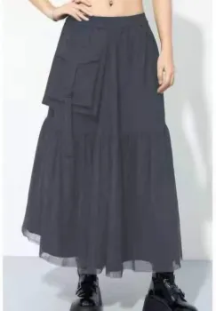 Fusta lunga cu insertie de tulle si buzunar aplicat, gri imagine